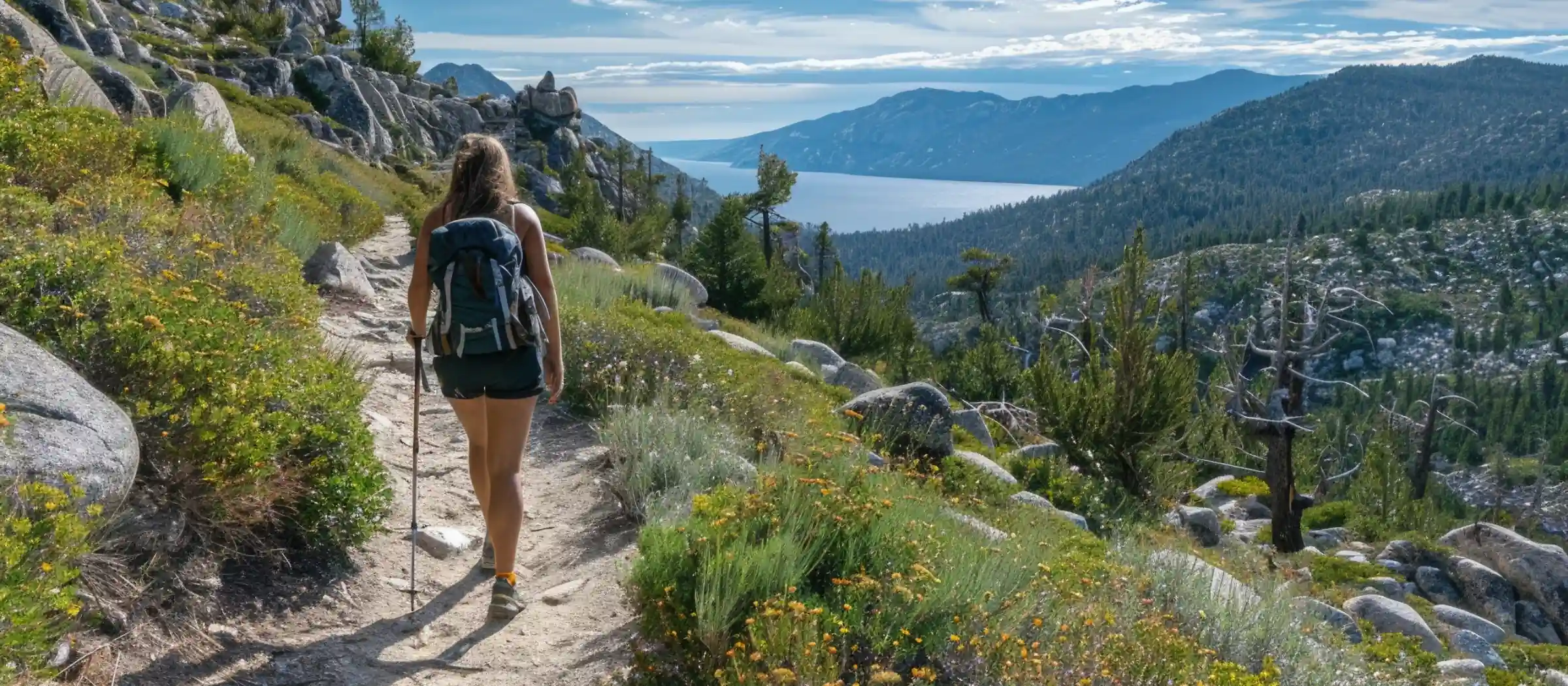 female hiking nature trail on sunny day